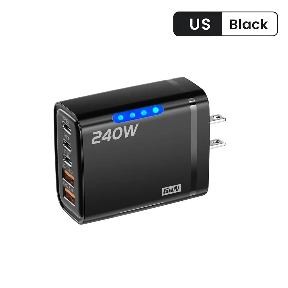 240W GaN 5-Port USB-C Fast Charger | QC3.0 PD Wall Adapter