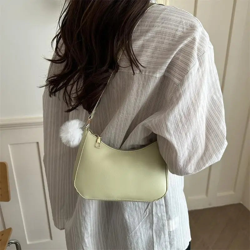 Women's PU Leather Hobo Shoulder Bag with Pom-Pom Charm