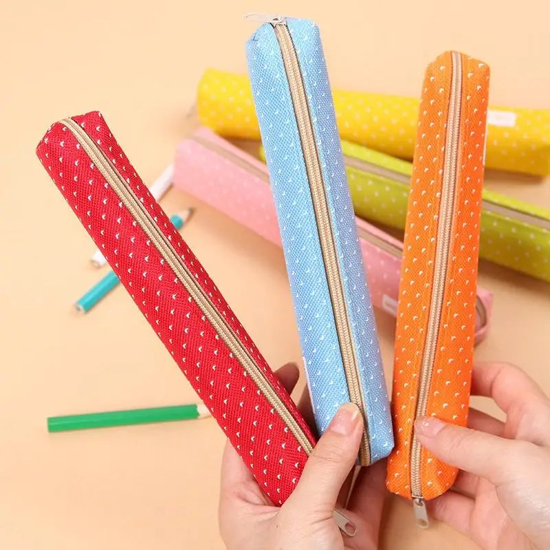 Kawaii Canvas Zipper Pencil Case – Cute Dot Stationery Bag