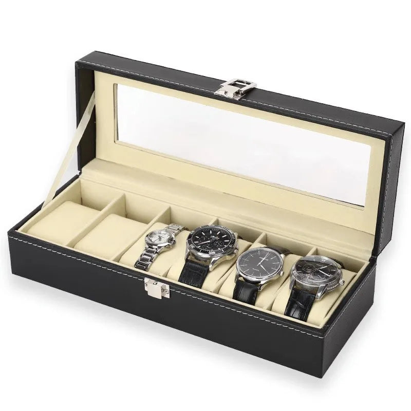 3 6 12 Slot Men Watch Display Case PU Leather Organizer Box Black