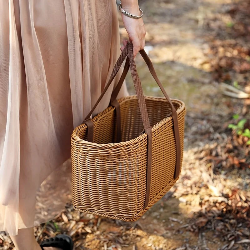 Large Handwoven Storage Basket Shopping Outdoor Use Lid As Shelf