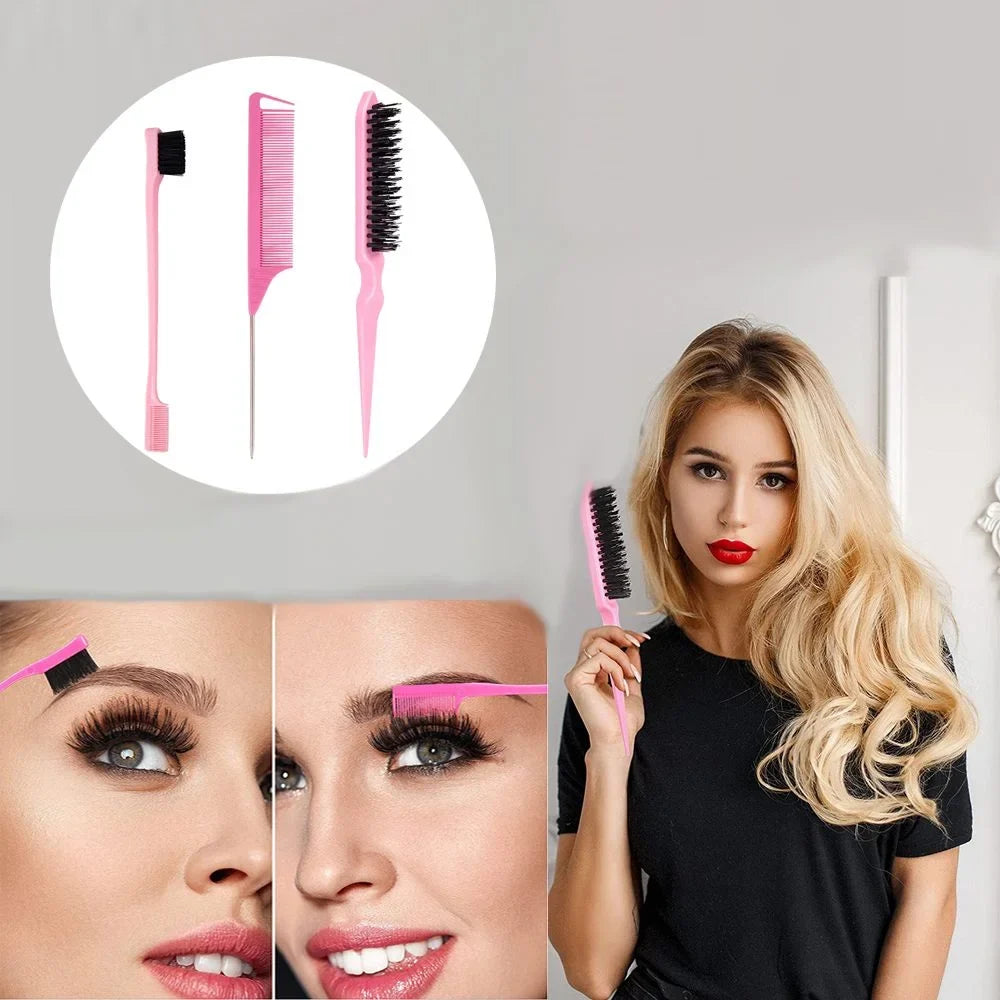 3-Piece Teasing Brush Set – Rat Tail Comb & Edge Brush