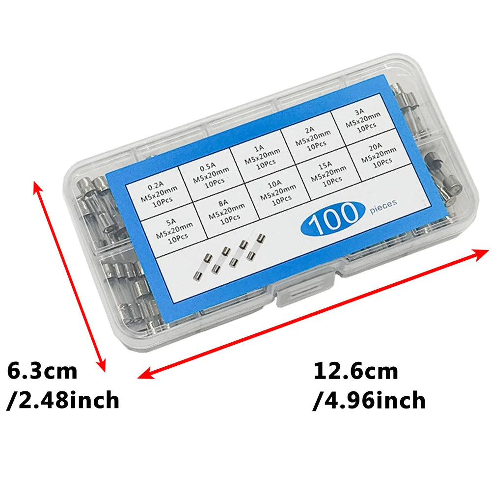 100 Pcs Fast-Blow Glass Fuse Kit 5x20mm 250V – 10 Values