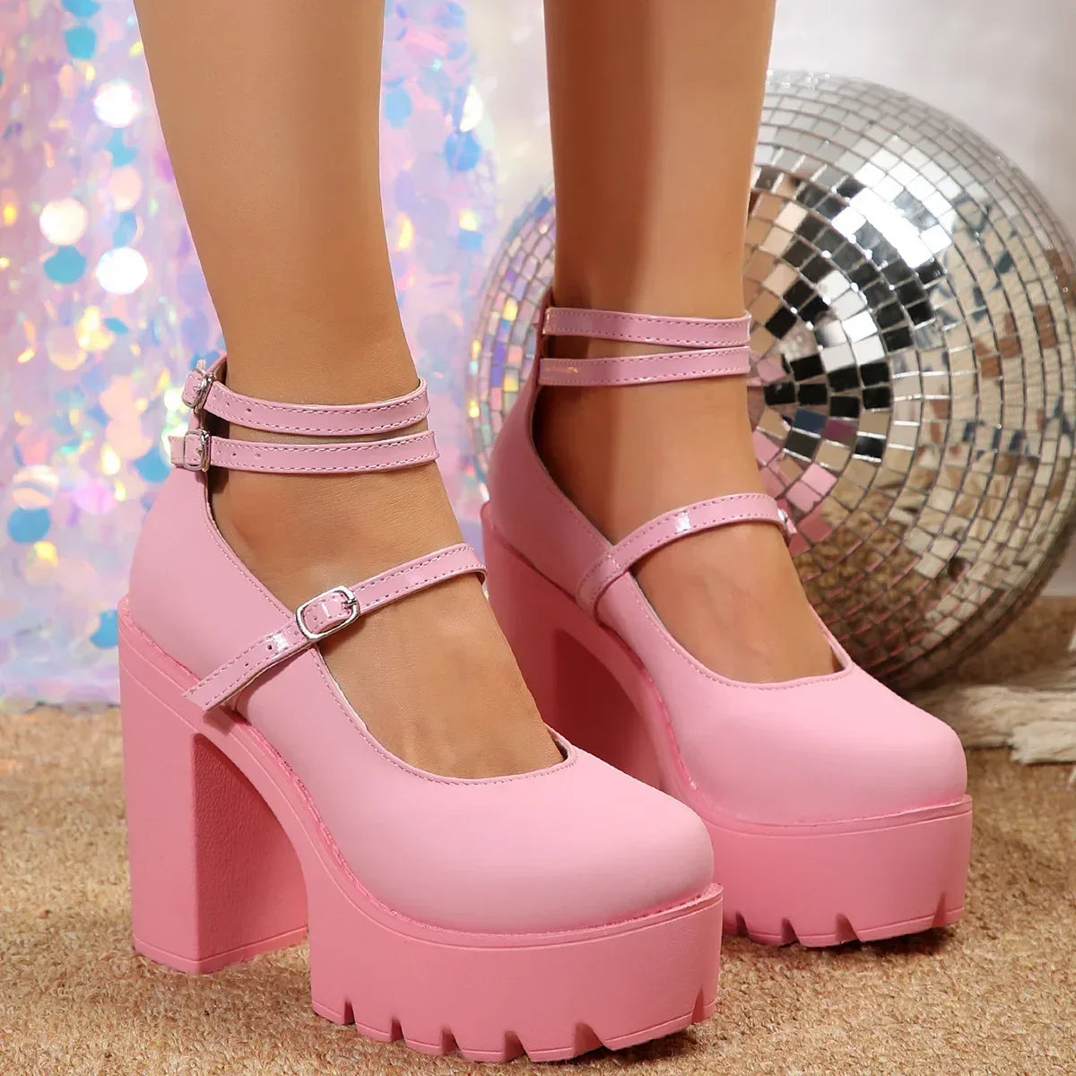 Women's Chunky Square Heel Platform Pumps with Ankle Strap