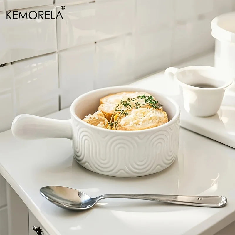 KEMORELA White Ceramic Handled Bowl – Embossed Soup Bowl