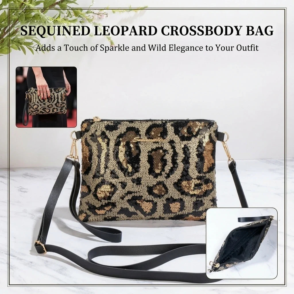 Women's Sequin Leopard Crossbody Shoulder Bag & Clutch