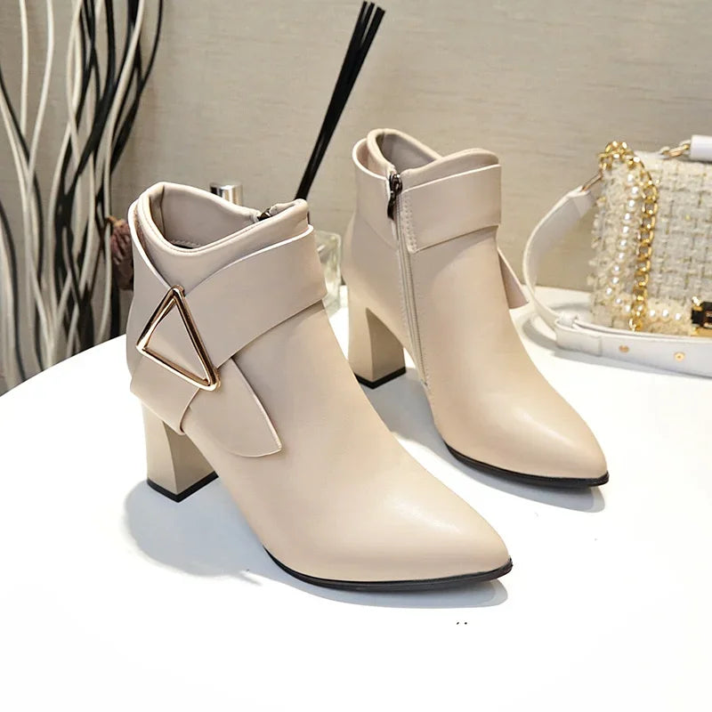 Women's PU Ankle Boots – Square Heel & Belt Buckle | Sizes 34–43