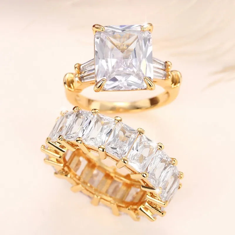 Huitan CZ Bridal Ring Set – White & Black Square Cubic Zirconia