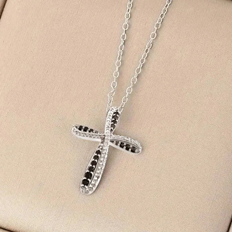Huitan Cross Pendant Necklace – Black & White Cubic Zirconia