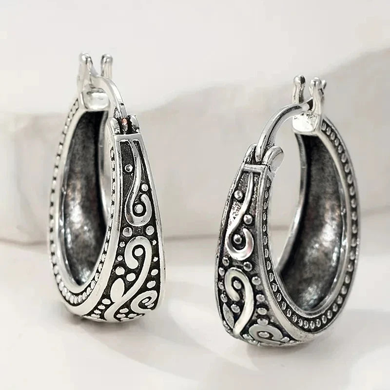 Huitan Antique Silver Geometric Hoop Earrings | Vintage Women