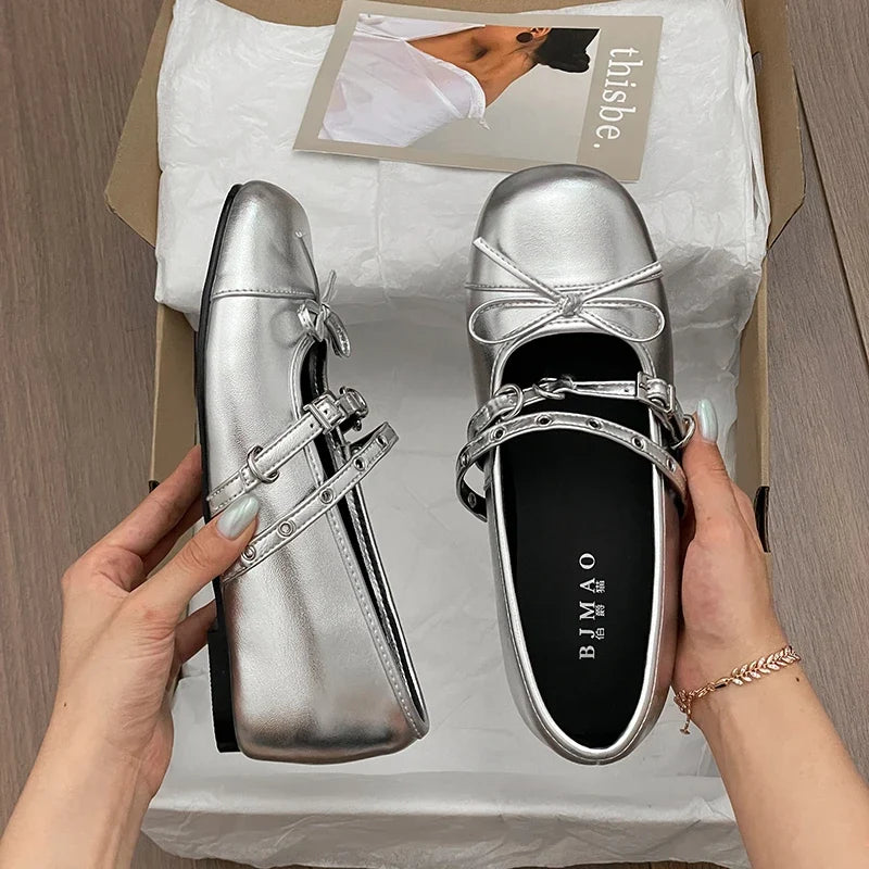 Women's Silver Mary Jane Hidden Wedge Shoes – Bow Buckle