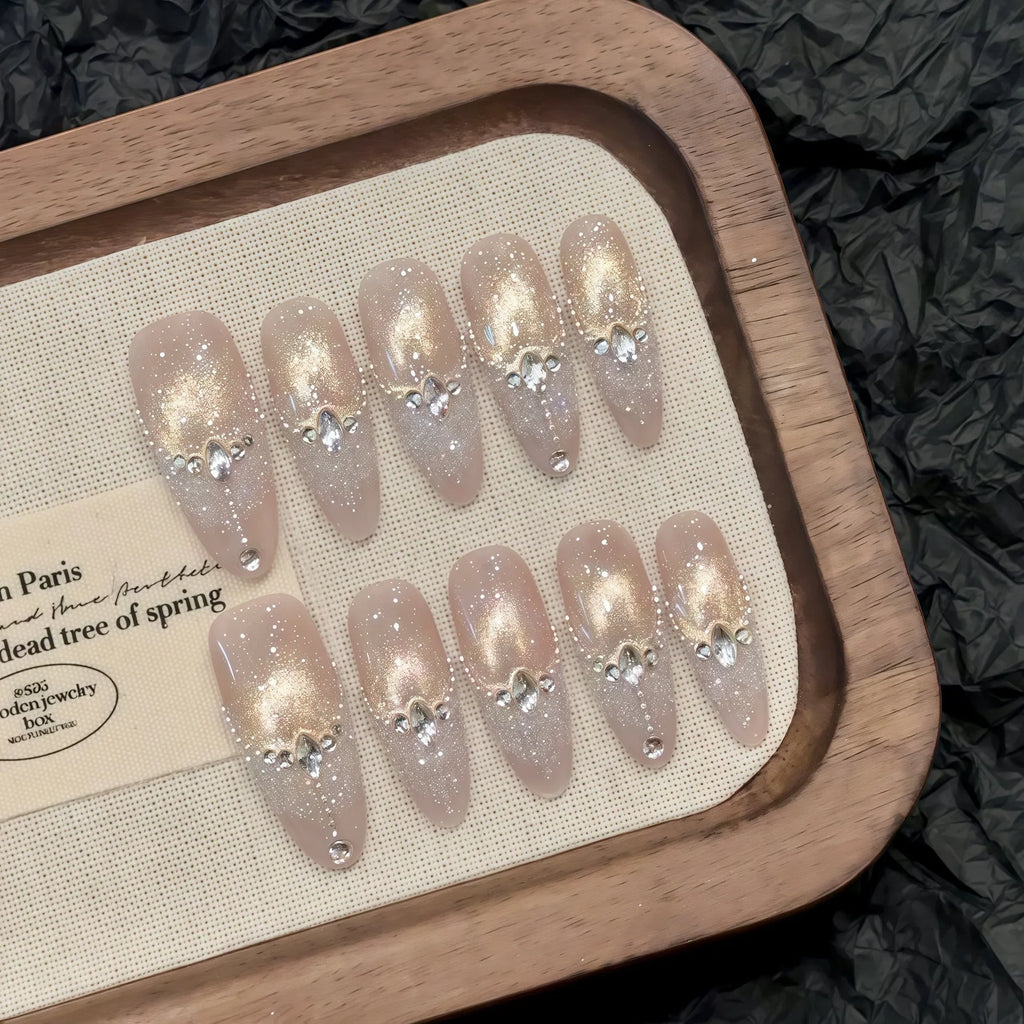 Handmade Glitter Diamond Aurora Cat Eye Press On Nails – 10pc