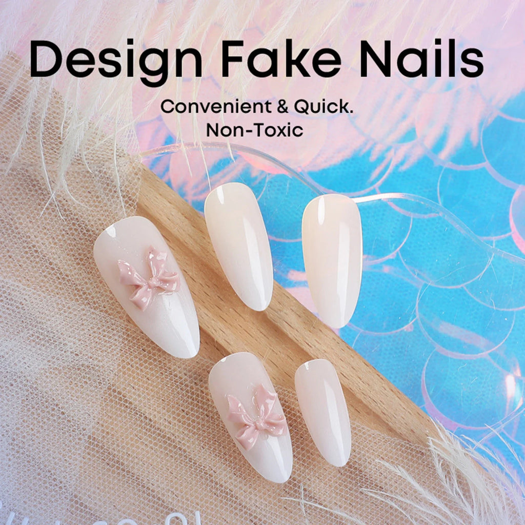 24pc Almond French Press On Nails with 3D Bow Decor – Long