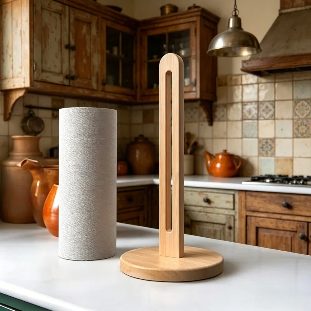 Wooden Vertical Tissue Stand Non Slip Base Countertop Roll Paper Rack