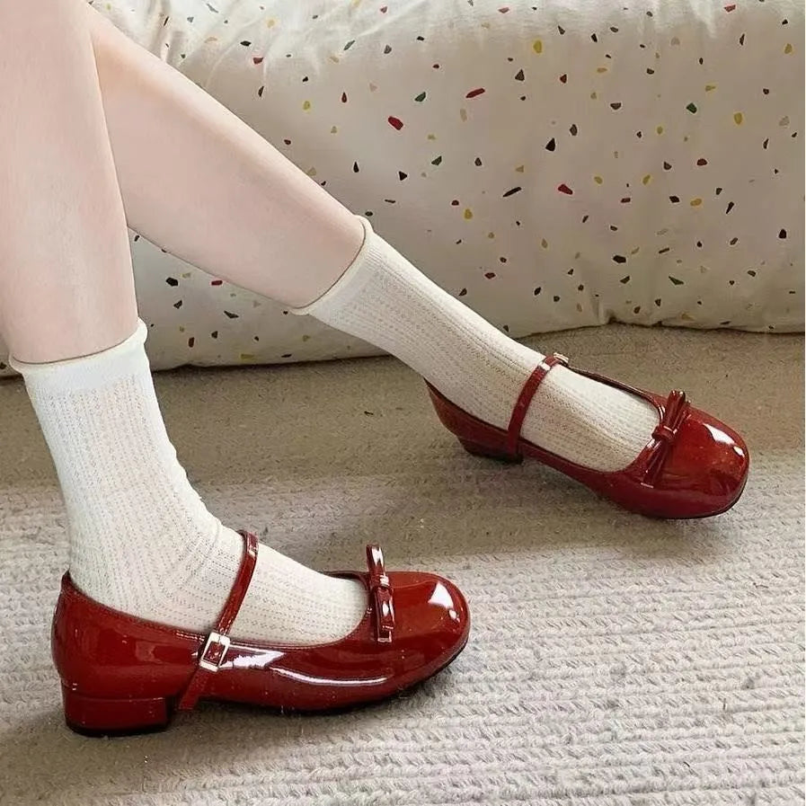 Women's Wine Red Mary Jane Shoes – Butterfly-Knot Block Heel