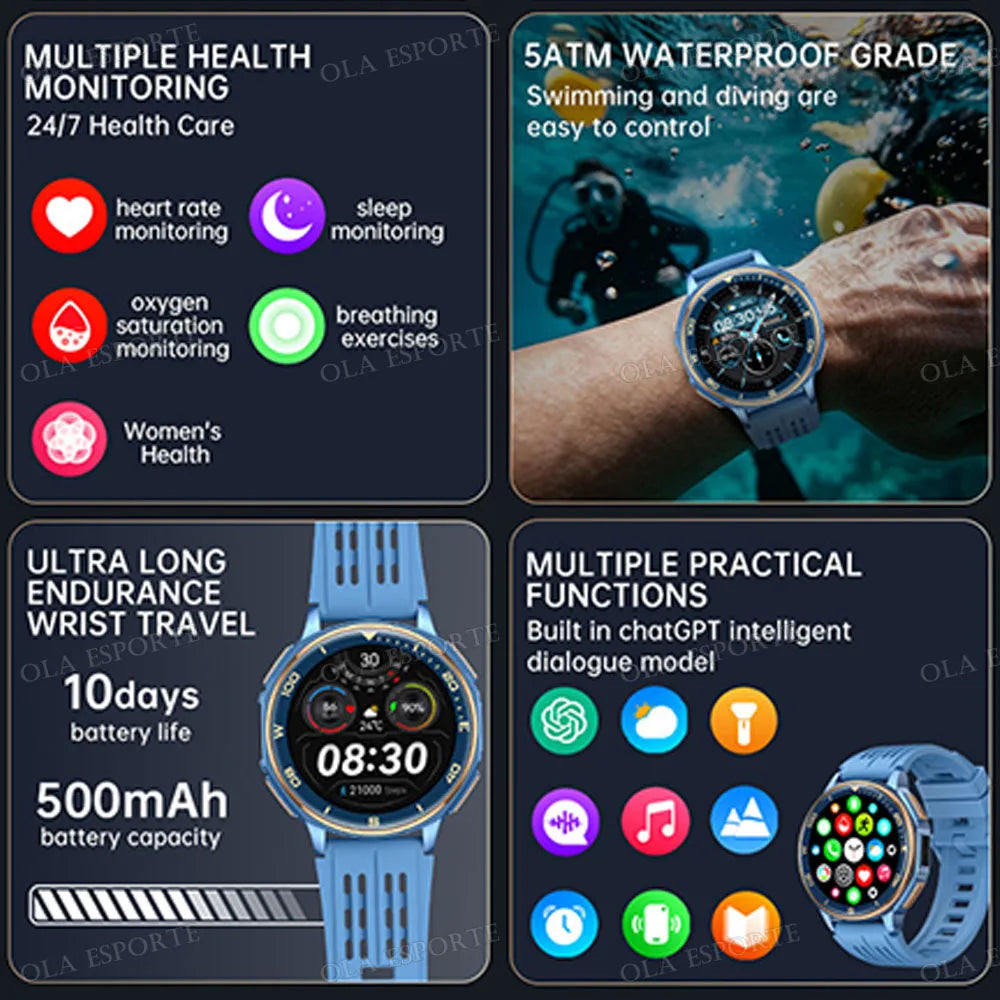 Smartwatch Military Men Flashlight Health Monitor Waterproof Heart