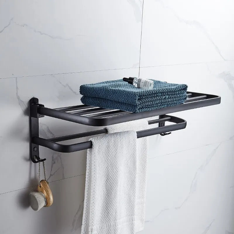 Matte Black Folding Double Bar Towel Rack | Wall Mount + Hook