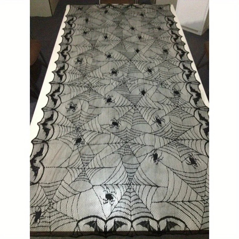 Black Lace Spider Web Tablecloth – Halloween Table Decor 48x96"