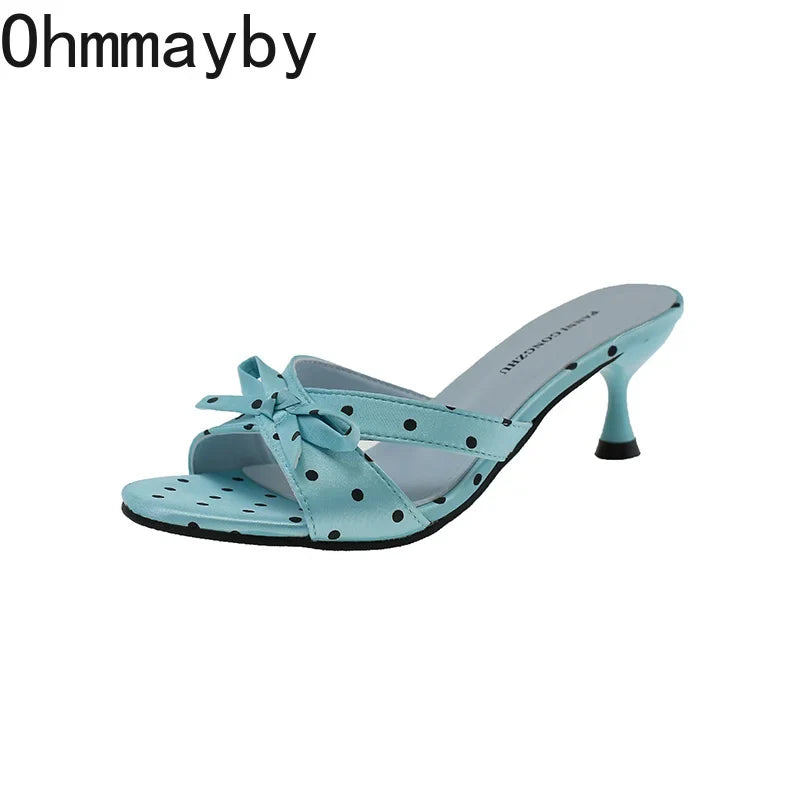 Satin Butterfly-Knot Women's Block Heel Slippers – Polka Dot