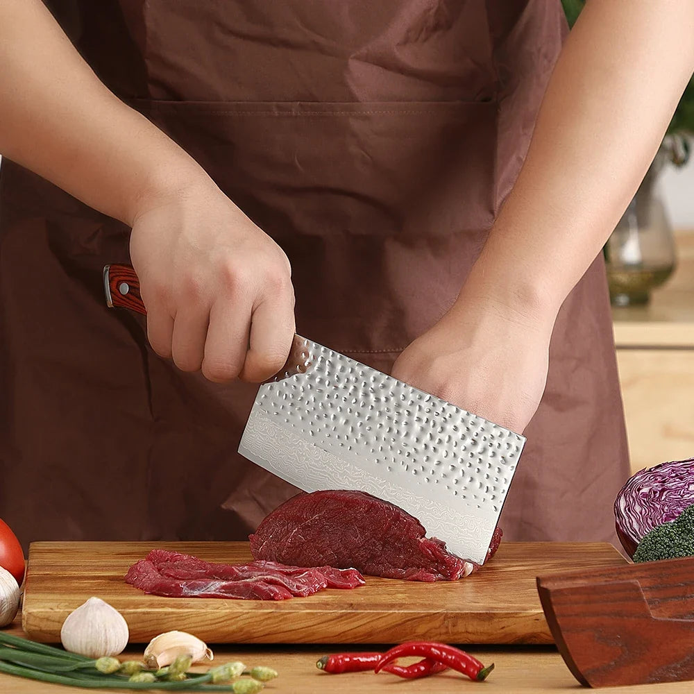 Sunnecko 7" Damascus Steel Cleaver Knife | Pakkawood Handle