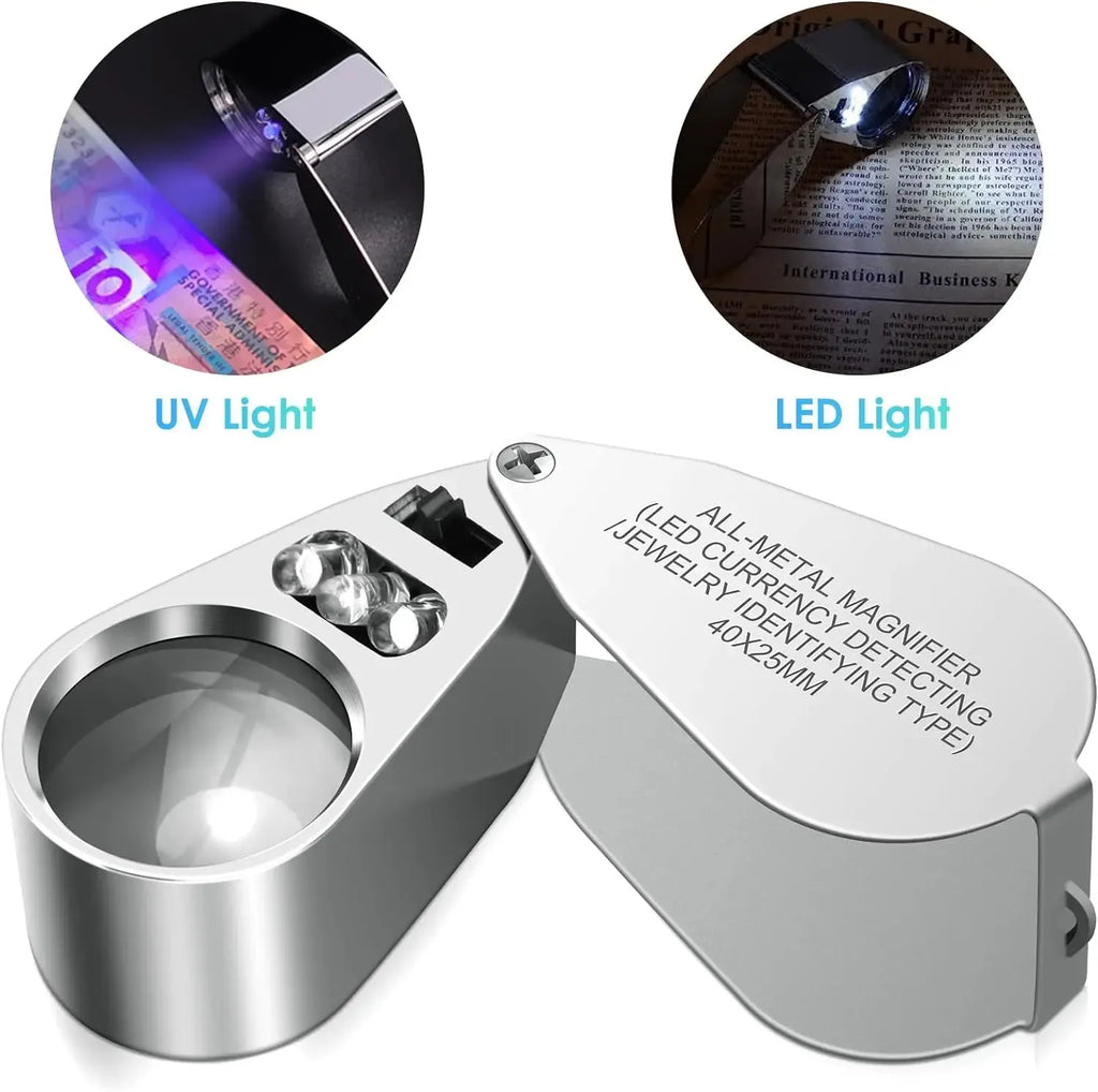 40X LED UV Magnifier Loupe – Optical Glass Lens, Metal Frame