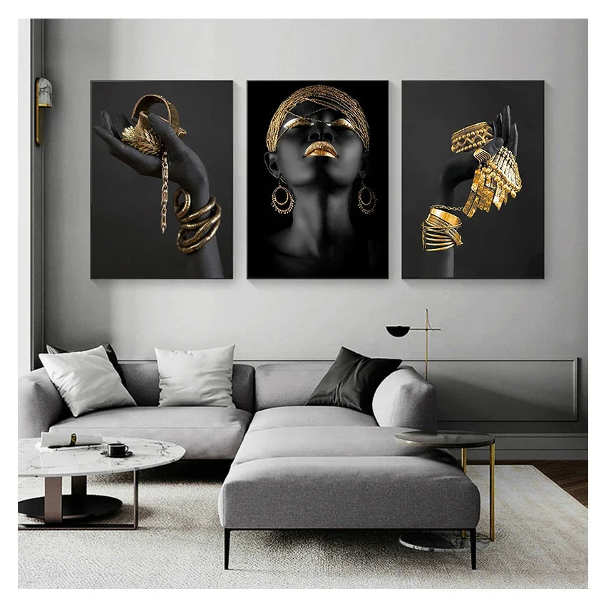 African Black Woman Canvas Wall Art | Gold Jewelry Poster Print