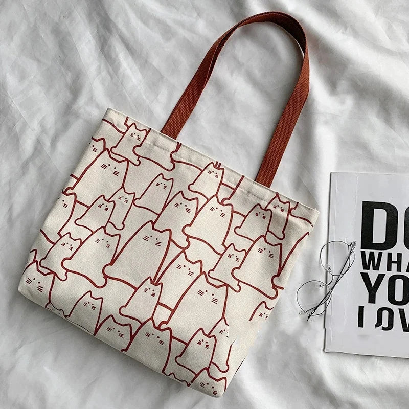 Cute Cat Canvas Tote Bag – Japanese Style Zipper Shoulder Bag