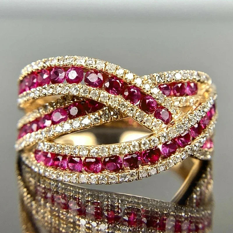 Huitan Rose Red CZ Cross Ring – Women's Wedding Band