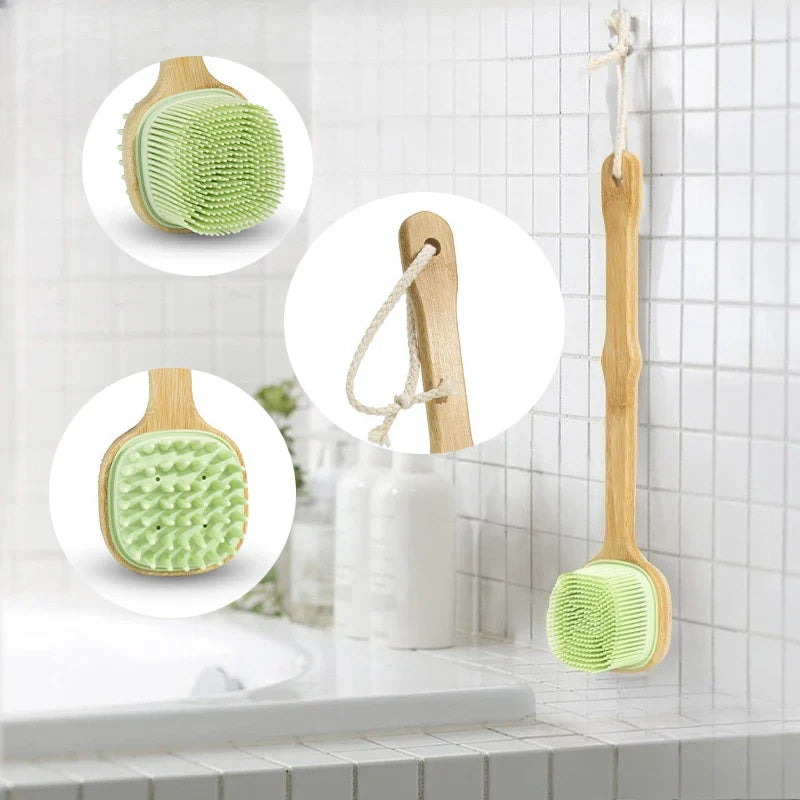 Soft Silicone Body Cleansing Brush Detachable Long Wooden Handle