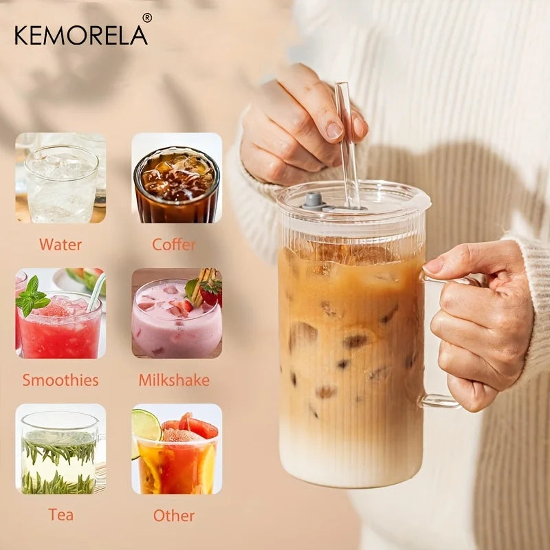 KEMORELA 740ml Ribbed Glass Tumbler with Handle, Lid & Straw
