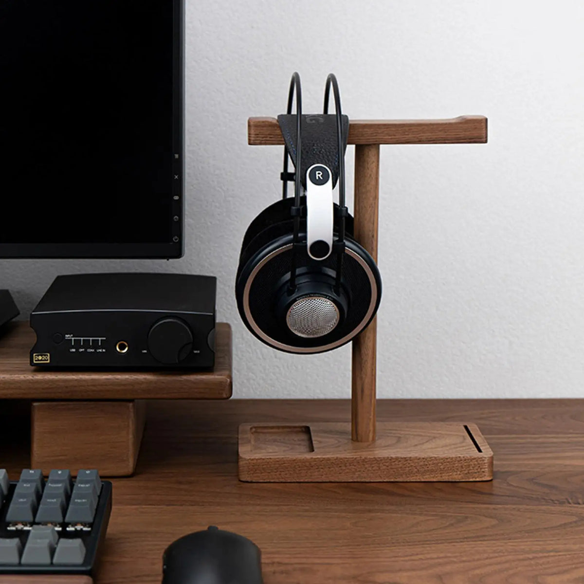 Wooden Headphone Stand Walnut Rack Rustic Desktop Hanger Universal