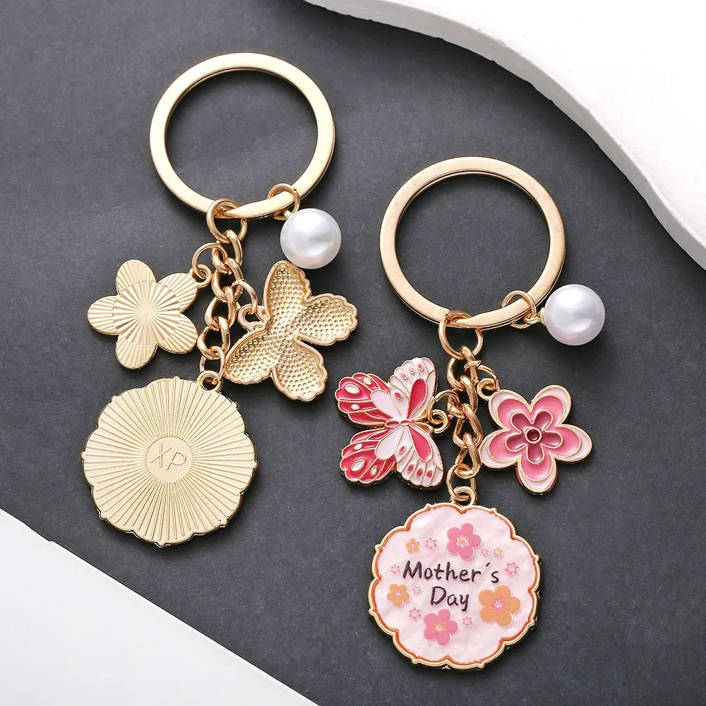 Drop Oil Pink Butterfly Flowers Pearl MOTHER'S DAY Keychain Accessory