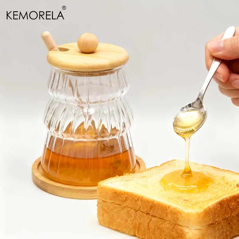 KEMORELA Glass Honey Jar Set with Wooden Stir Stick & Lid