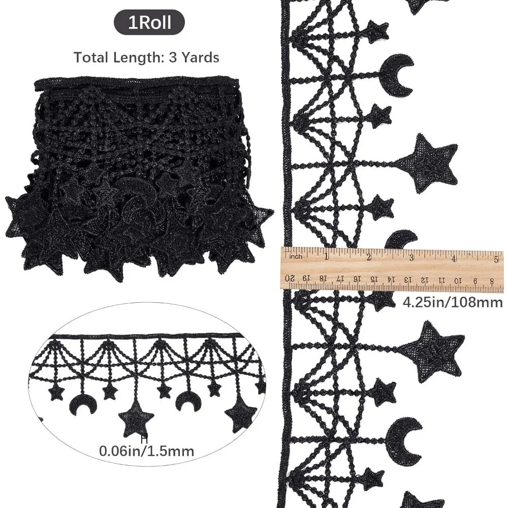 Moon Star Black Lace Trim 3 Yards | Polyester Sewing Ribbon