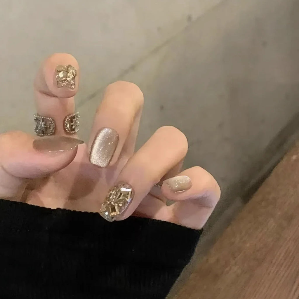 Korean Cat Eye Press-On Nails | Champagne Crystal Short Set