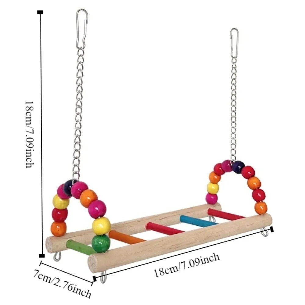 Wooden Parrot Swing Perch Stand with Colorful Beads | Bird Cage