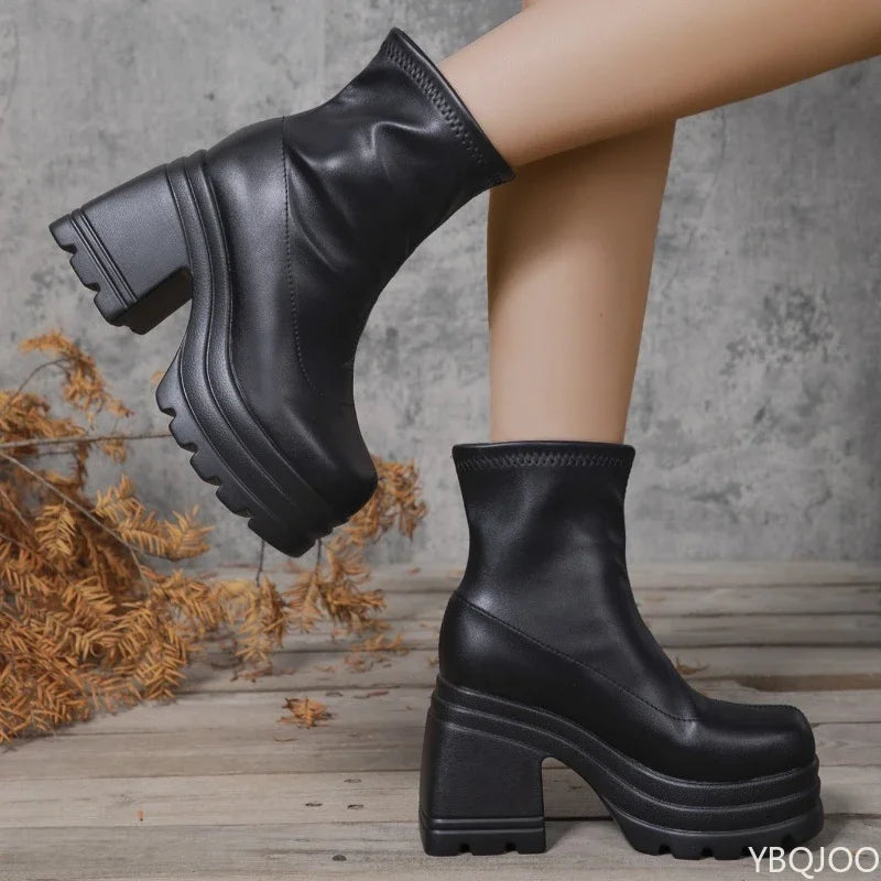 Women's Platform Block Heel Mid-Calf Boots – Zip, Large Size