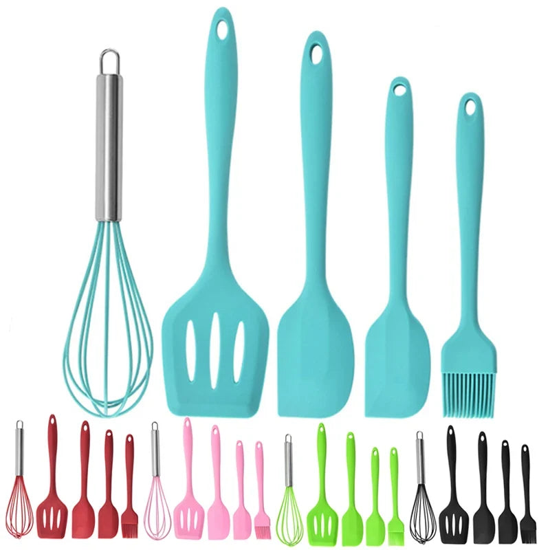 Silicone Cooking Utensils Set – Non-Stick Wooden Handle 5-Piece