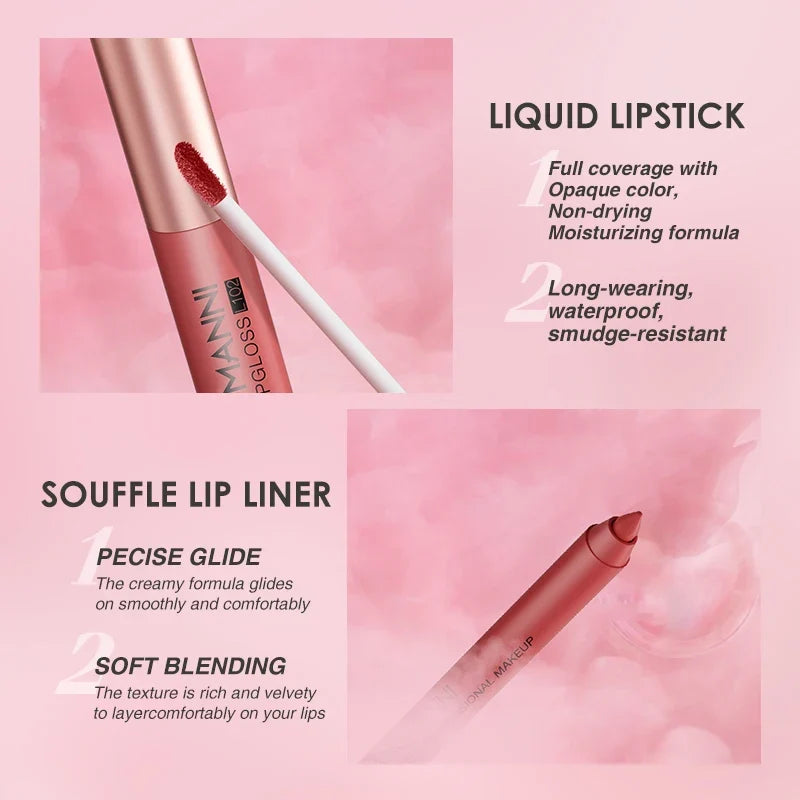 6+6 Lip Gloss Liner Combo Smudge-proof Velvety Nude Shades