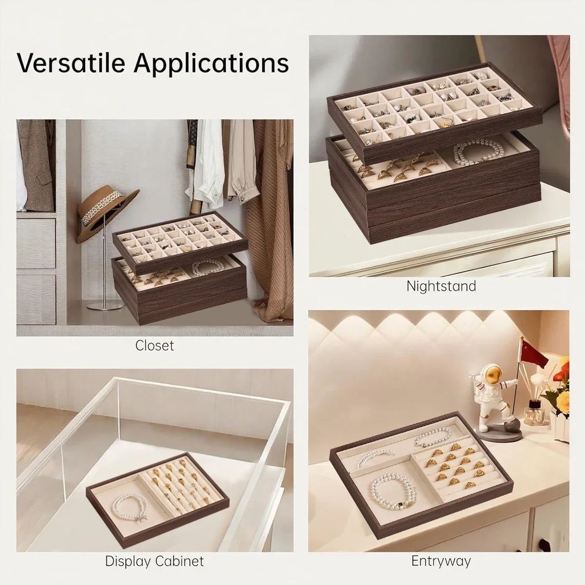 Walnut Wood Grain Jewelry Box Storage Tray Rings Necklaces Earrings