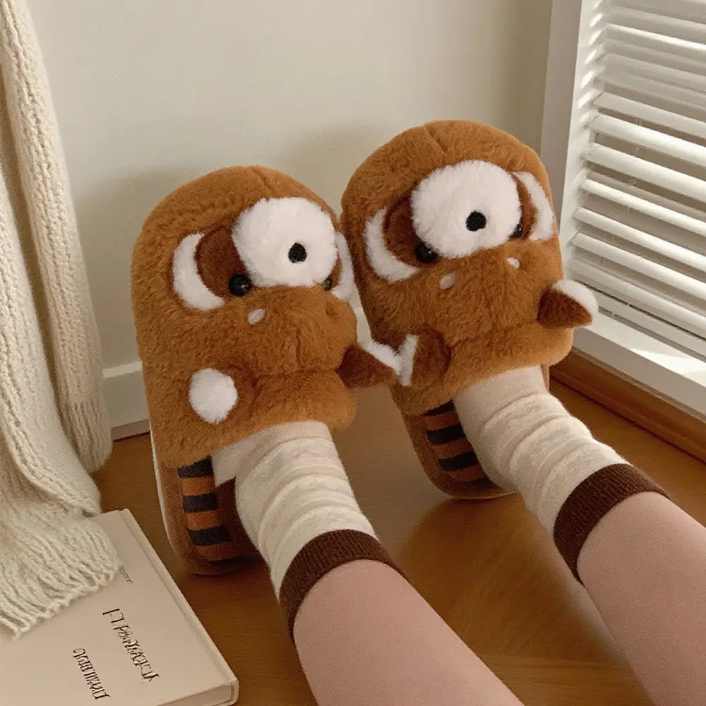 Women's Raccoon Plush Slippers – Cozy Indoor Fur Slides