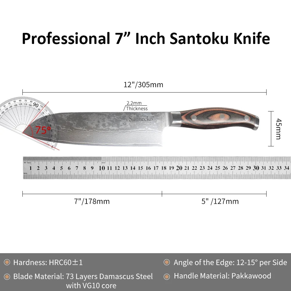 Sunnecko 7" Santoku Knife – VG10 Damascus Steel & Pakkawood