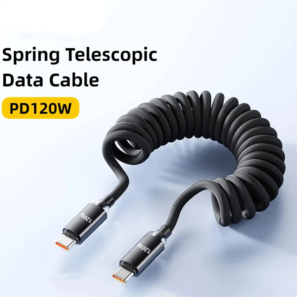 120W Retractable USB-C Fast Charge Cable | Spring Coil, 1M & 2M
