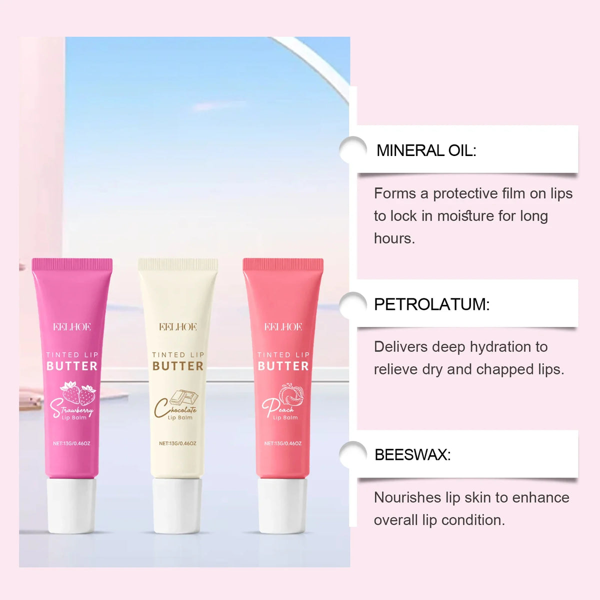EELHOE Tinted Lip Balm Set – 3-Pack Moisturizing Gift Box