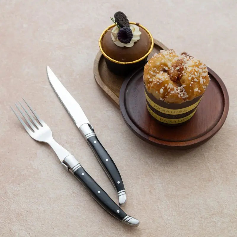 Laguiole Serrated Steak Knife & Fork Set | Black Handle Steel