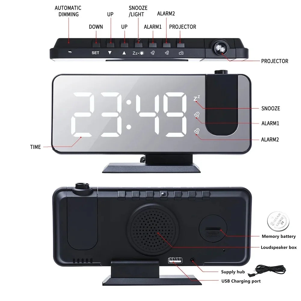 USB Projection Alarm Clock – LED Digital Desk Clock & Snooze