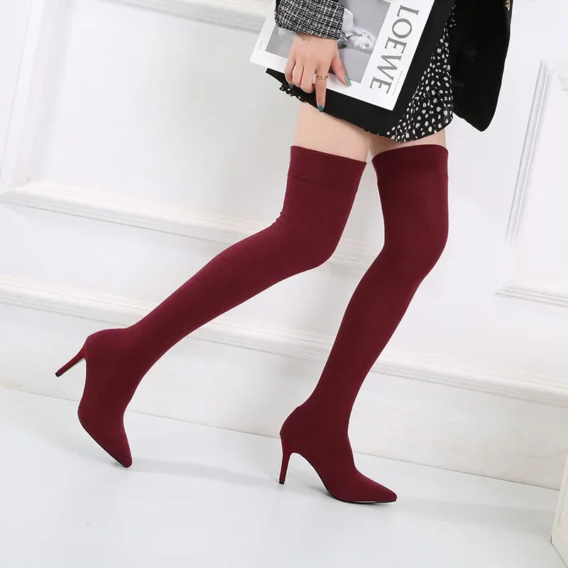 Women's Over-the-Knee Stretch Sock Boots | Pointed Toe Heel