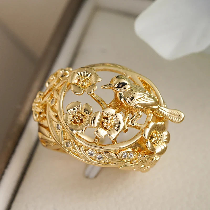 Huitan Gold Hollow Flower Bird Ring – Women's Fashion Jewelry