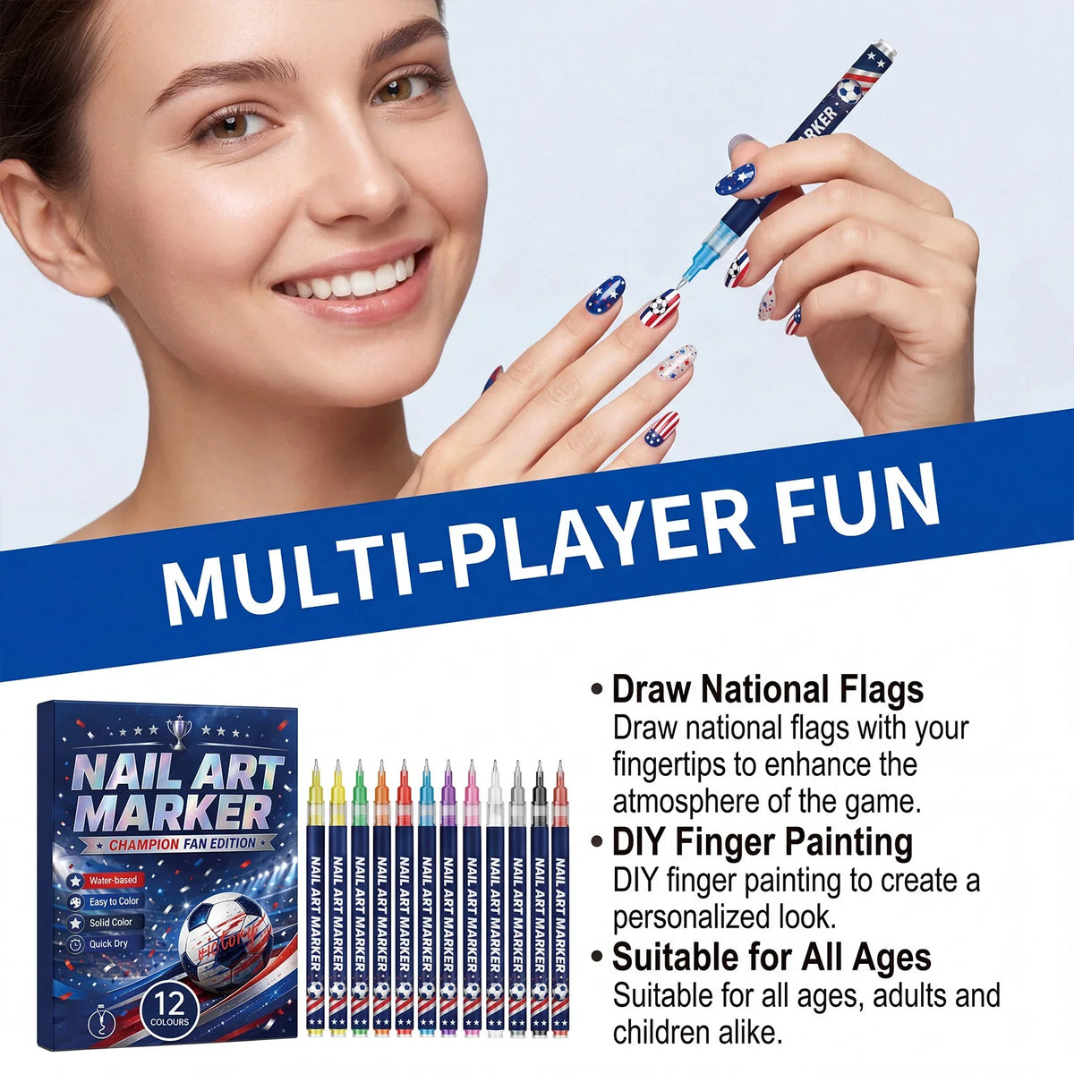 12-Piece Football Fan Nail Art Pens – Quick Dry DIY Liner Set