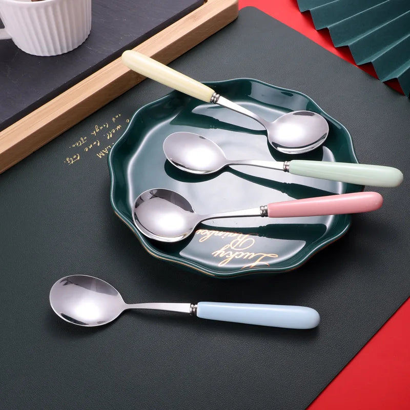 4-Piece Ceramic Handle Dessert Spoons – Stainless Steel Set